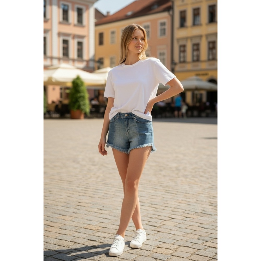 Altar'd State Women 27 Colorblock Mid Rise Denim Shorts Two Tone Raw Hem Blue
